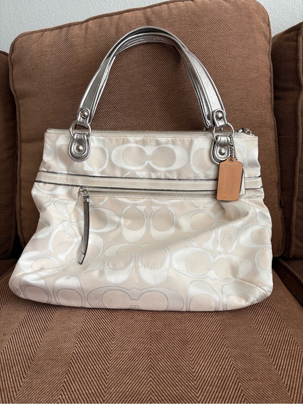 Coach Cream Jacquard Tote with Silver Handles